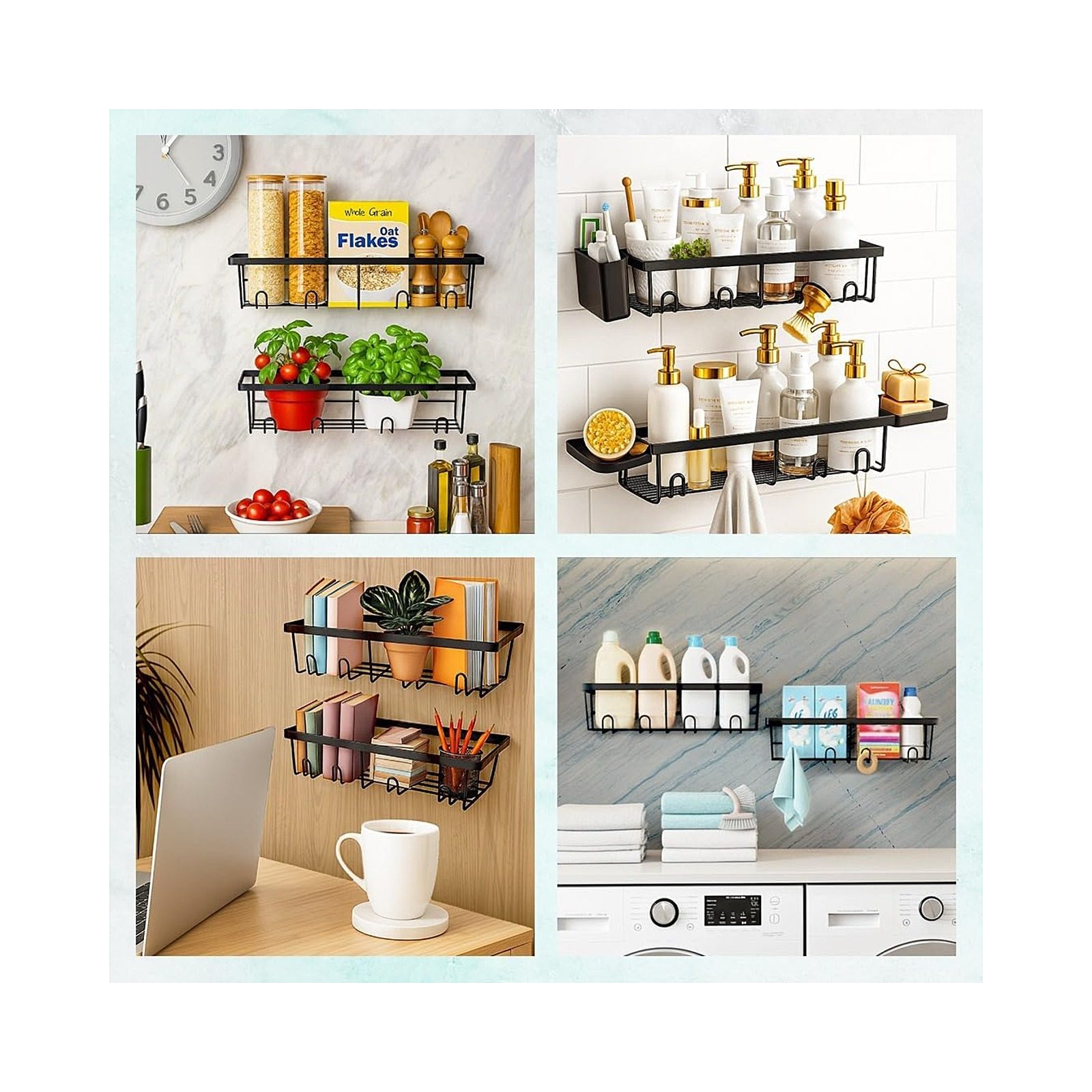 Sben Shower Caddy Adhesive, Rustproof Organizer, 5 Pack Rustproof Bathroom Shelves, Large Capacity No-Drill, Rack Storage Accessories with 2 Soap Dish, Toothbrush Holder and 8 Hooks Home Decor Black — view 15