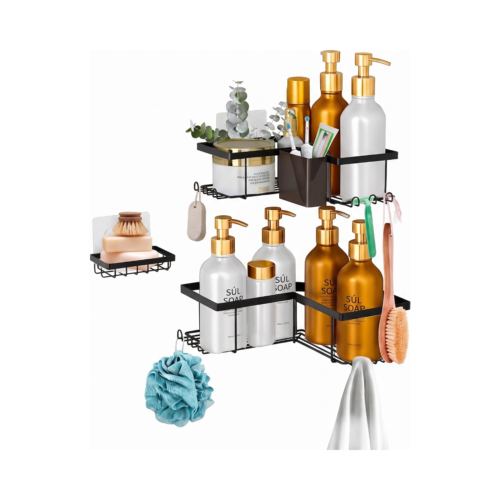 Sben Corner Adhesive Shower Caddy, Toothbrush Holder, Soap Holder and 12 Hooks, 4 Pack, Rustproof Material, Bathroom Organizer, No Drilling Rack (Black)