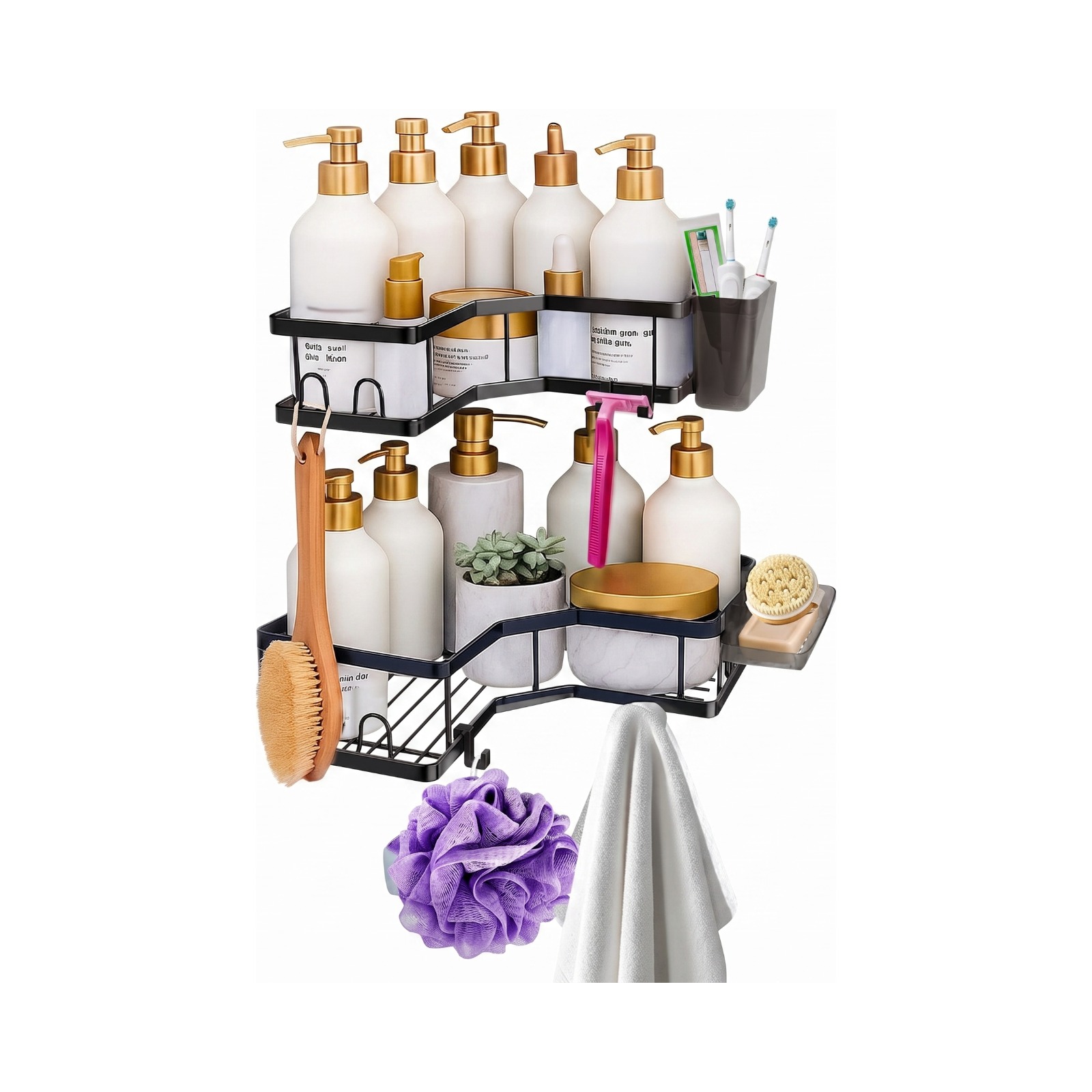 Sben Corner Adhesive Shower Caddy, 4 Pack, Organizer Shelves, No Drilling, Rustproof Material Storage Rack, 4 Extra Hooks, Toothpaste Holder and Soap Dish Holder for Bathroom (Black)