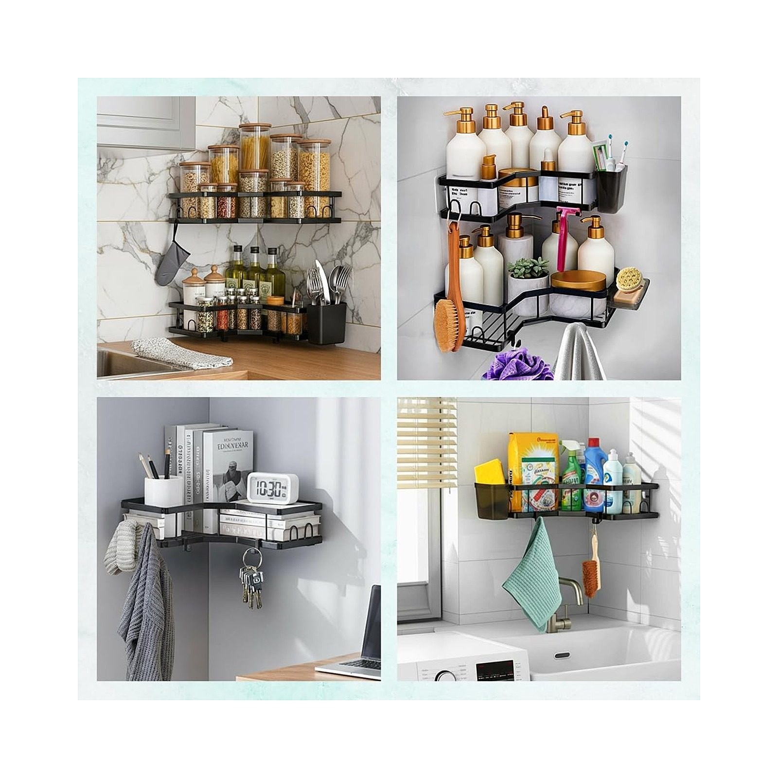 Sben Corner Adhesive Shower Caddy, 4 Pack, Organizer Shelves, No Drilling, Rustproof Material Storage Rack, 4 Extra Hooks, Toothpaste Holder and Soap Dish Holder for Bathroom (Black) — view 15
