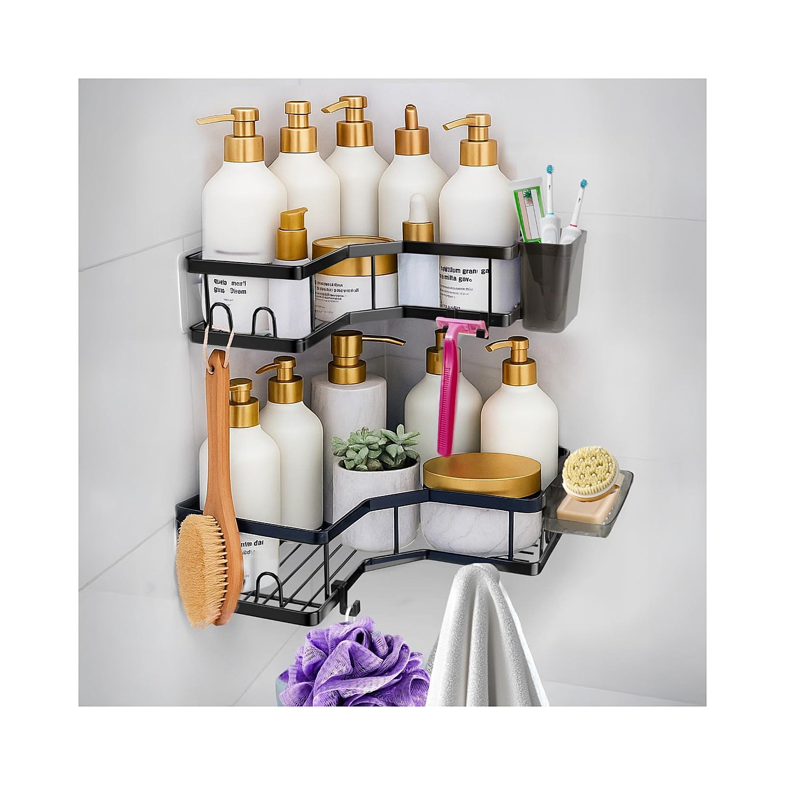 Corner Adhesive Shower Caddy — 4 Shelves with Hooks