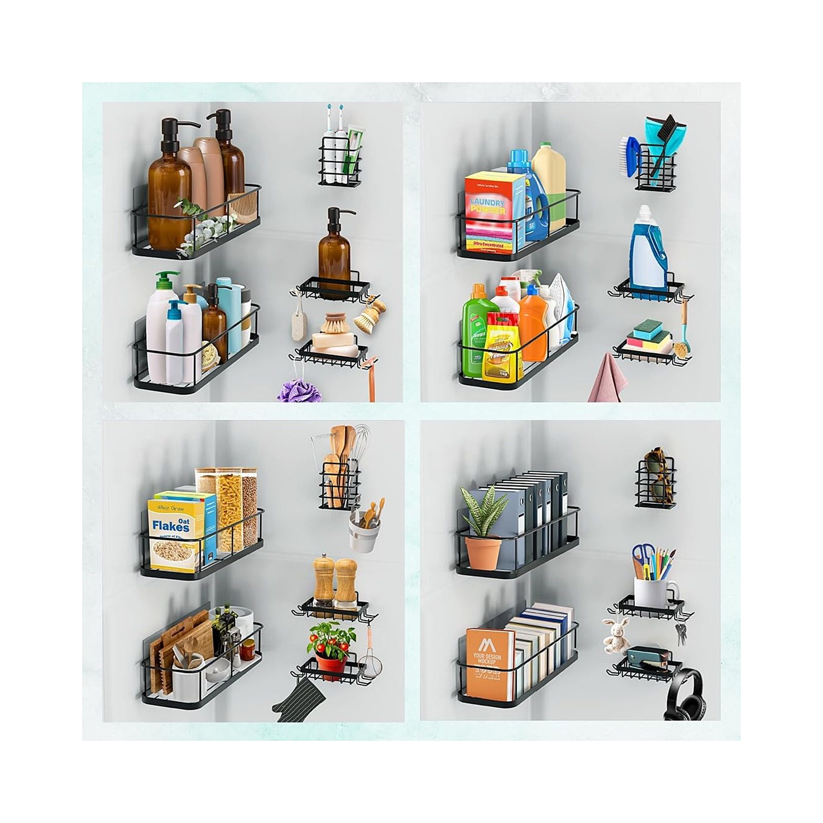 Sben Shower Caddy Adhesive, No Drill Required, 5 Pack, Bathroom Shower Organizers Set with 2 Soap Dishes and Toothbrush Holder, Rustproof Wall-Mounted Storage Shelves for Bathroom (Black) — view 17