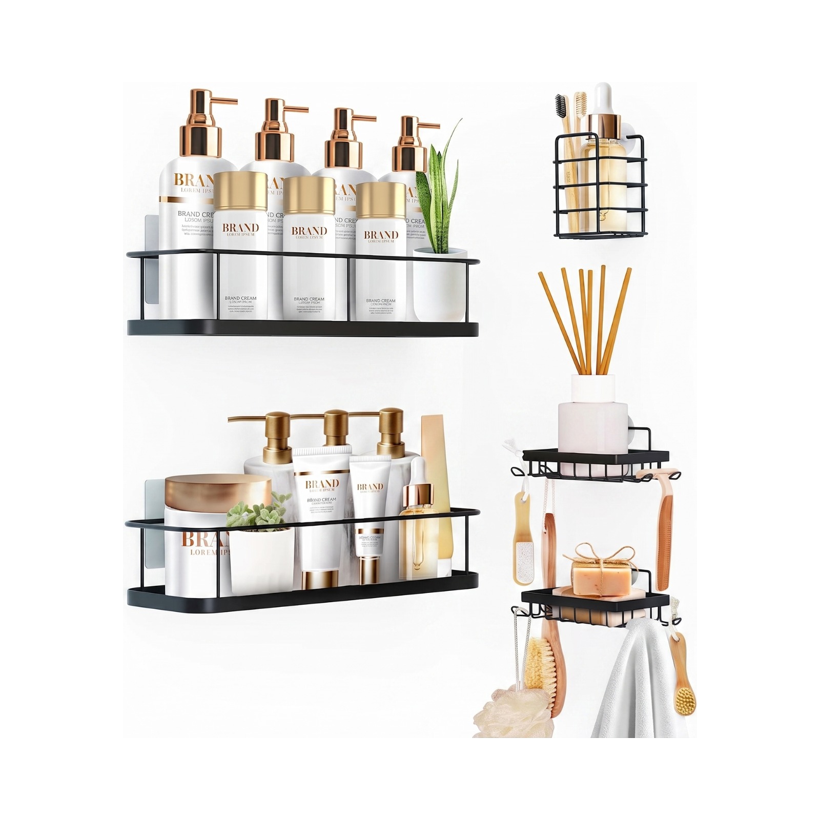 Sben Shower Caddy Adhesive, No Drill Required, 5 Pack, Bathroom Shower Organizers Set with 2 Soap Dishes and Toothbrush Holder, Rustproof Wall-Mounted Storage Shelves for Bathroom (Black)