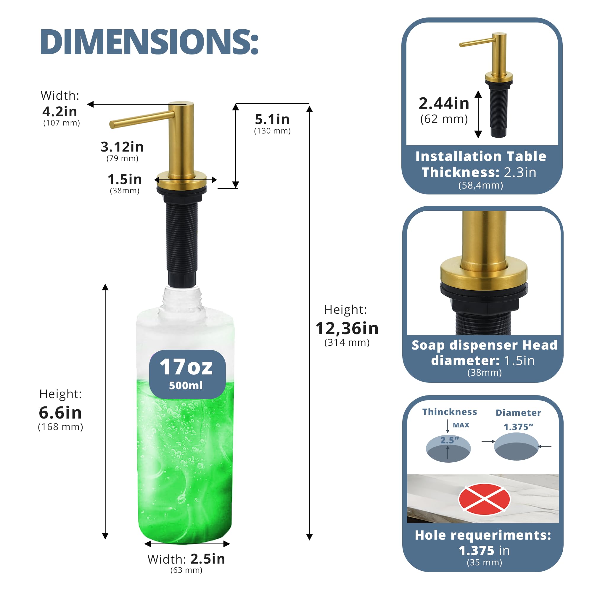 Countertop Sink Soap Dispenser — 17 oz Built-in Bottle — Gold Brushed — view 3