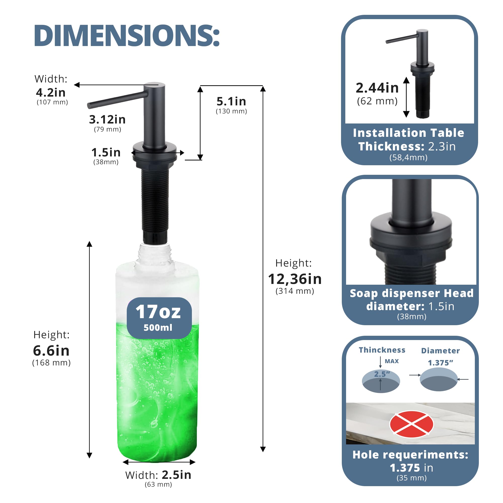 Countertop Sink Soap Dispenser — 17 oz Built-in Bottle — Matte Black — view 10